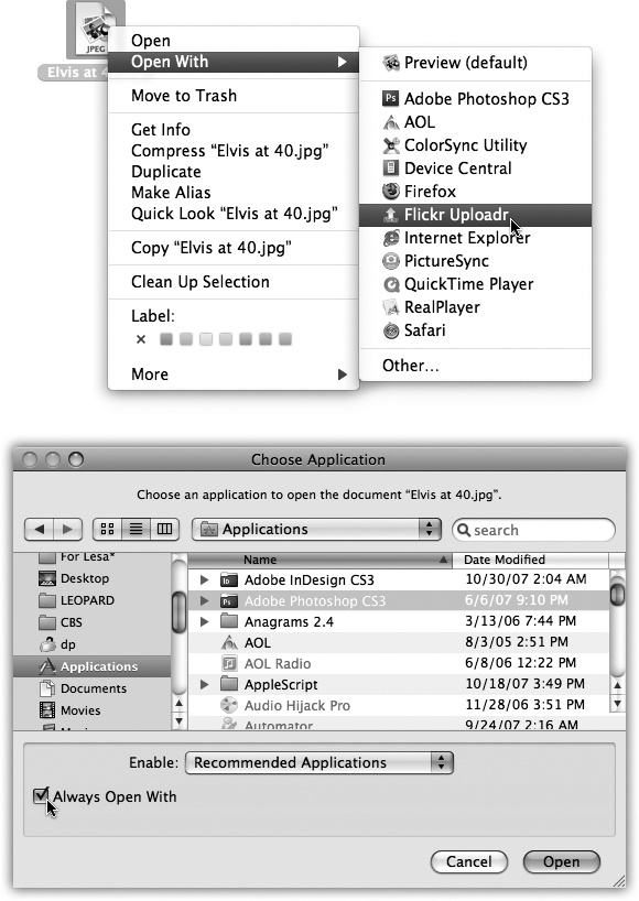 Top: The shortcut menu offers a list of programs capable of opening an icon. If you were to press the Option key right now, the words Open With would suddenly change to say Always Open With.Bottom: If you choose Other, youâre prompted to choose a different program. Turn on Always Open With if youâll always want this document to open in the new parent program. Otherwise, this is a one-time reassignment.