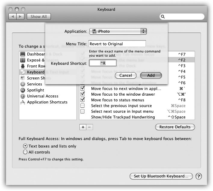 If you choose All Applications from the top pop-up menu, you can change the keyboard combo for a certain command wherever it appears. You could, for example, change the keystroke for Page Setup in every program at once. (Beware the tiny yellow triangles; they let you know if a chosen keystroke conflicts with another Mac OS X keystroke.)