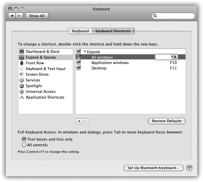 The keyboard shortcut center in Snow Leopard lets you redefine the keystrokes that trigger many basic Mac OS X features, menu commands in your programs, and software youâve built yourself using Automator ().