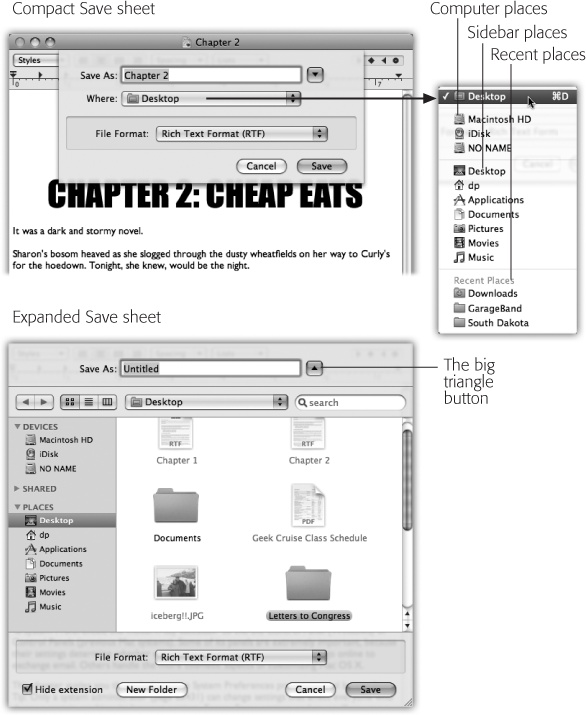Top: The Save dialog box, or sheet, often appears in its compact form.Right (inset): If you open the Where pop-up menu, youâll find that Mac OS X lists all the places it thinks you might want to save your new document: on the hard drive or iDisk, in a folder youâve put into your Sidebar (), or into a folder youâve recently opened.Bottom: If you want to choose a different folder or create a new folder, click the â¼ button shown above to expand the dialog box. Here, you see the equivalent of the Finderâwith a choice of icon, list, or column view. Even the Sidebar is here, complete with access to other disks on the network.Supertip: Even in the Save or Open dialog box, you can highlight an icon (or several) and then press â-I. You switch back to the Finder, where the Get Info box is waiting with the date, size, and other details about the selected icons.
