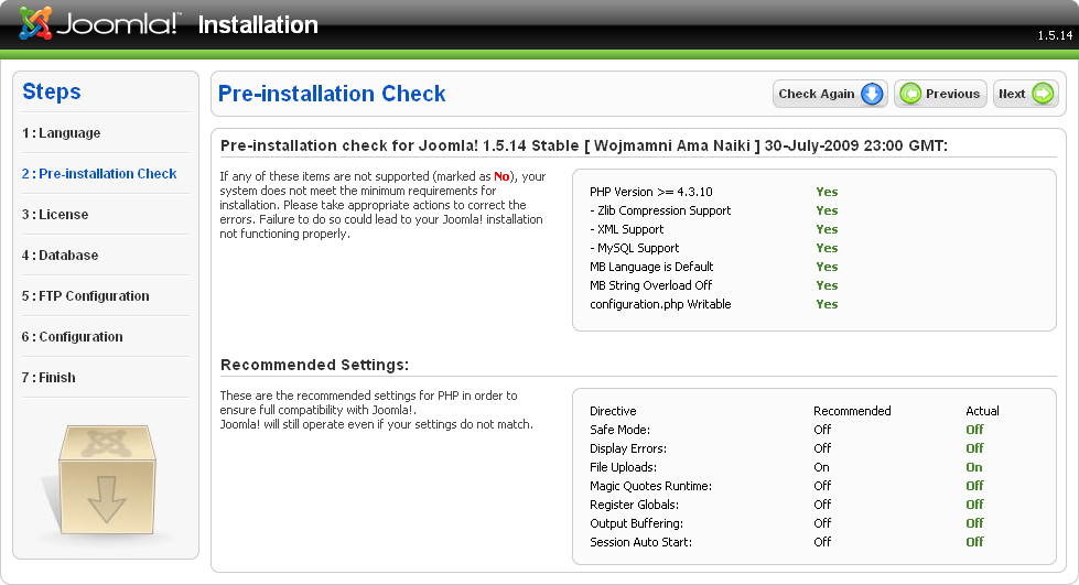 Joomla Web Installer: Pre-installation Check