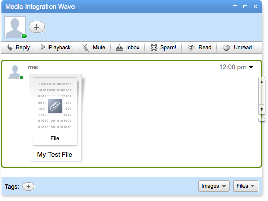 Attachments added to a wave appear at the blip level. Remember that as a dynamic document, waves serve as a centralized repository for information, including file attachments.
