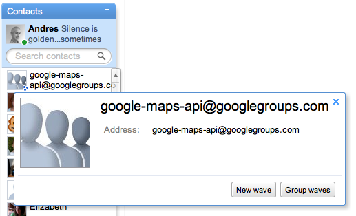 The group as a new contact can be added to a new wave, or I can use the “Group waves” button to browse all the waves for that particular group.