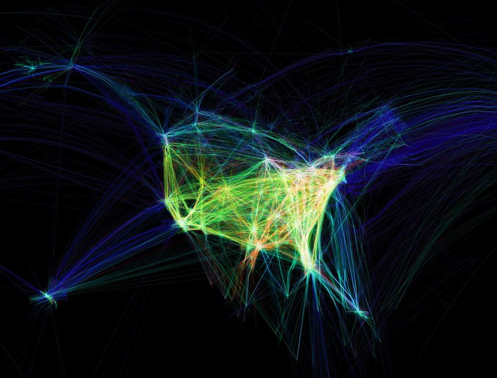 Flight Patterns, a visualization of aircraft location data for airplanes arriving at and departing from U.S. and Canadian airports
