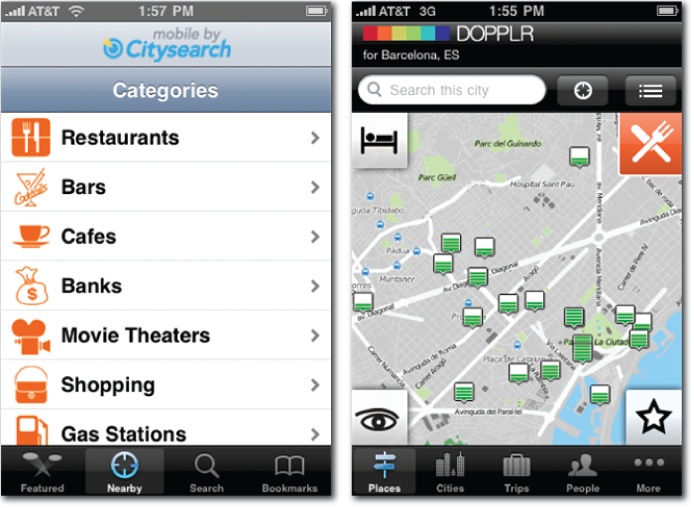 Browse options in Citysearch and Dopplr