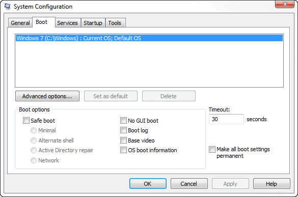 The Boot tab of the System Configuration tool provides most of the features of BCDEdit in a much more pleasant interface