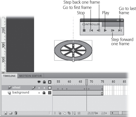If you’ve ever used a DVD player or an iPod, the icons on the Controller toolbar (Window→Toolbars→Controller) look comfortingly familiar. You can move one frame at a time or jump to the beginning or end of an animation.