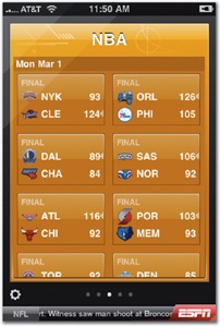 Screens in ESPN ScoreCenter show a roundup of sports scores, with each “page” targeted to a different team or league. Tap the gear icon to see the app’s settings.