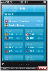 Screens in ESPN ScoreCenter show a roundup of sports scores, with each “page” targeted to a different team or league. Tap the gear icon to see the app’s settings.