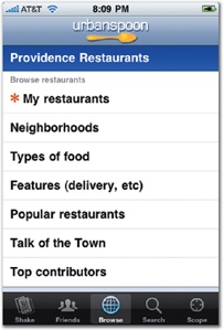 Urbanspoon uses a tab bar to offer five different ways to approach a restaurant search. The screens for the Shake, Browse, and Scope tabs are shown here from left to right.
