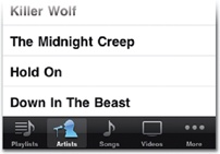 The built-in iPod app drops the tab bar (left) from the Now Playing screen (right) to make room for the playback controls.