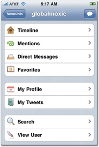 The main screens of Twitter app Birdfeed, left, and faxing app finarXFax, right, use tree-structure navigation to present their main features, a long-form substitute for the tab bar.