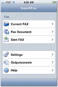 The main screens of Twitter app Birdfeed, left, and faxing app finarXFax, right, use tree-structure navigation to present their main features, a long-form substitute for the tab bar.