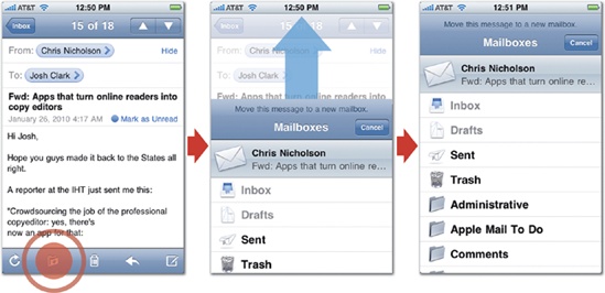 Mail uses a modal view to let you move a message to a mailbox folder. Tap the Move button in the toolbar of a message screen (left), and the Mailboxes screen shoots up from the bottom to cover the message until you file the message in a mailbox folder or tap Cancel. Like all modal views, the screen briefly interrupts the app’s regular interface to complete a task. Tapping the Compose icon in the toolbar (left) likewise triggers its own modal view, this time with a screen for writing a new email message.