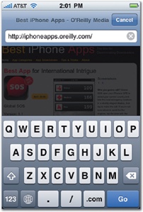 Safari’s operation relies on a collection of modal views instead of navigating a flowing series of screens. The keyboard as well as the email and bookmark screens are all modal views that you use to change or share the content of the main screen. They all briefly replace the browser window until you complete the task. (With the keyboard at left, the main browser window is visible underneath, but dimmed and inaccessible, peeking through the modal view that covers it.)