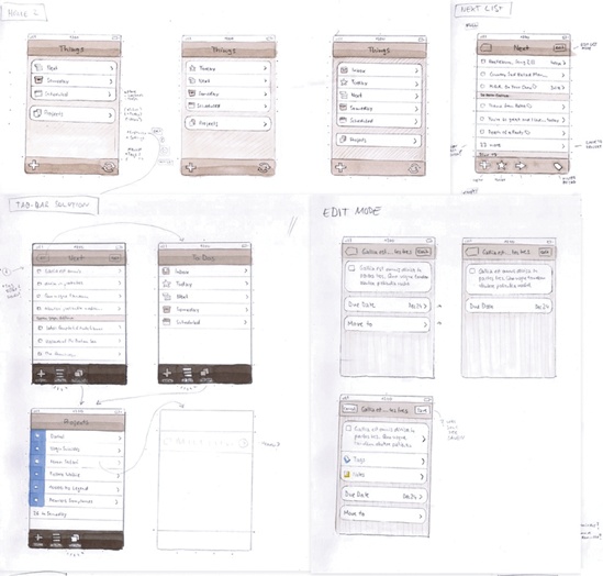 The design team behind the Things to-do app created a paper prototype of every screen before starting to code, sketching the flow through every screen of the app. For more about the Things design process, see . (Sketches by Cultured Code designer Christian Krämer.)