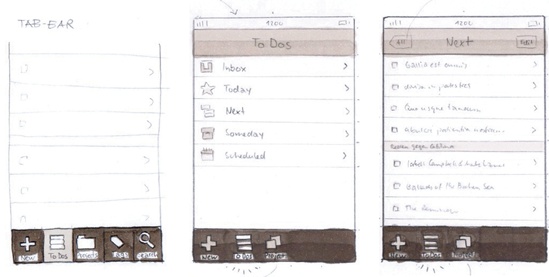 Early sketches for Things contemplated tab-bar navigation.