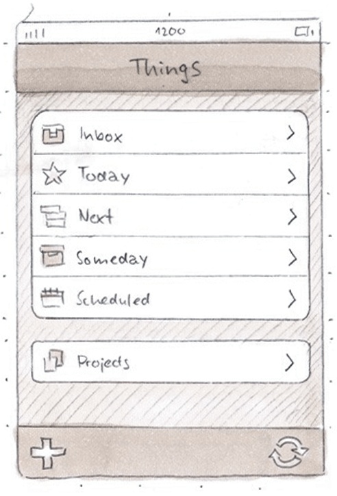 An early sketch (left) for the main screen of Things used a grouped list, but the final version (right) evolved to better group its to-do lists into logical clusters.