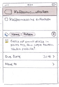 An early sketch (left) for the task detail screen included icons to differentiate descriptive data for the task, and the final design (right) further distinguished the buttons at screen bottom.