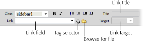 The Property inspector provides three ways to add links to a web page: the Link field, the “Point to file” tool, and the “Browse for File” button.