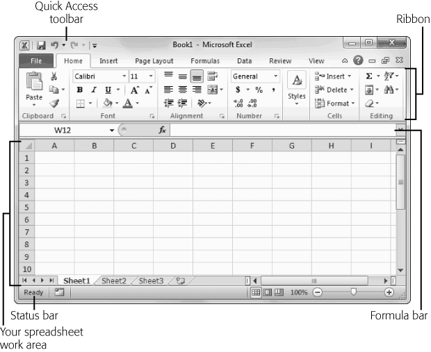 The largest part of the Excel window is the worksheet grid, where you type in your information.