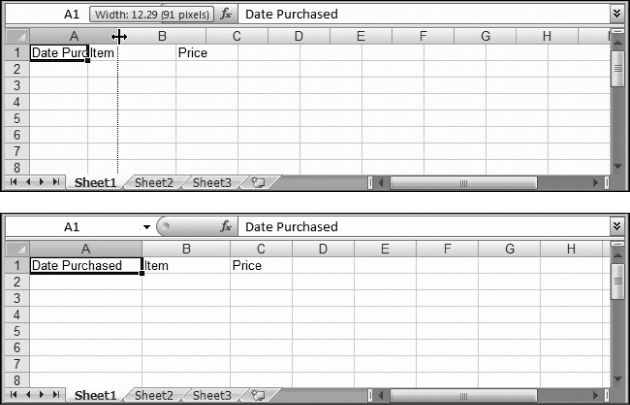 Top: The standard width of an Excel column is 8.43 characters, which hardly allows you to get a word in edgewise. To solve this problem, position your mouse on the right border of the column header you want to expand so that the mouse pointer changes to the resize icon (it looks like a double-headed arrow). Now drag the column border to the right as far as you want. As you drag, a tooltip appears, telling you the character size and pixel width of the column. Both of these pieces of information play the same role—they tell you how wide the column is—only the unit of measurement changes.Bottom: When you release the mouse, the entire column of cells is resized to the new size.