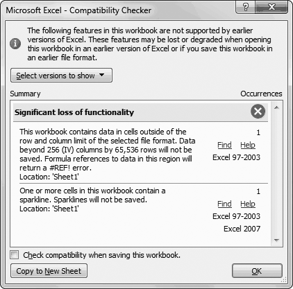 In this example, the Compatibility Checker has found two potential problems. One will affect only Excel 2003 users, while the other will affect both Excel 2007 and Excel 2003 users.