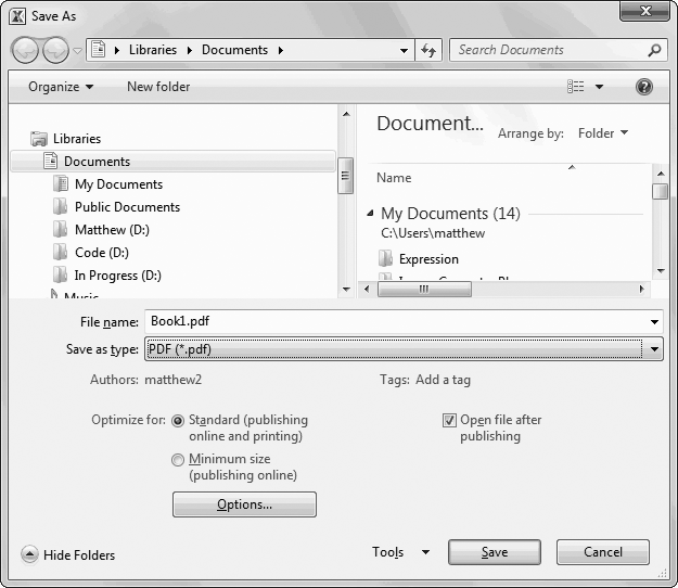 PDF files can be saved with different resolution and quality settings (which mostly affect any graphical objects like pictures and charts that you’ve placed in your workbook). Normally, you use higher quality settings if you’re planning to print your PDF file, because printers use higher resolutions than computer monitors.