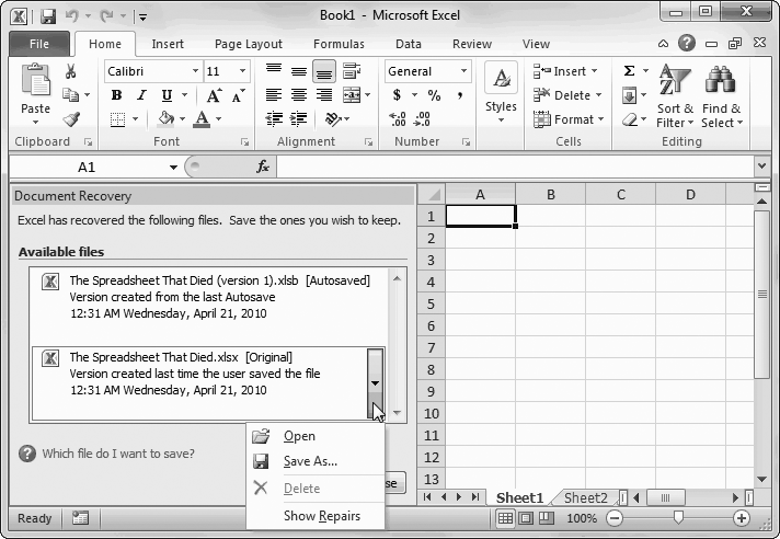 You can save or open an AutoRecover backup just as you would an ordinary Excel file; simply click the item in the list. Once you’ve dealt with all the backup files, close the Document Recovery window by clicking the Close button. If you haven’t saved your backup, Excel asks you at this point whether you want to save it permanently or delete the backup.