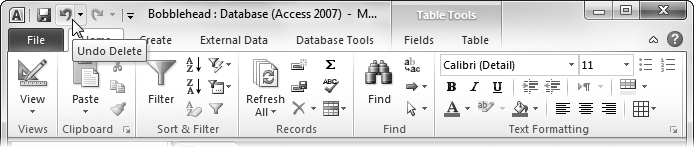 The Undo command appears in the Quick Access toolbar at the top left of the Access window, so itâs always available.