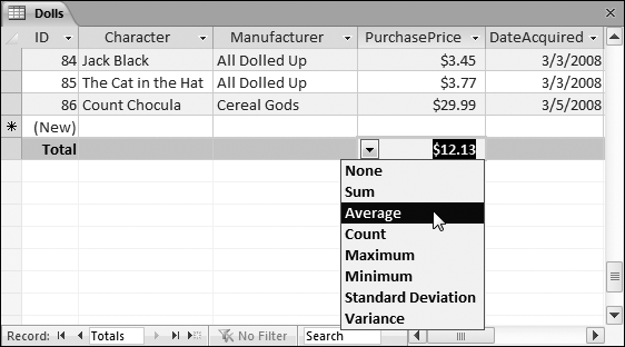 Here, the Total row shows the average price of all the records in the Dolls table.