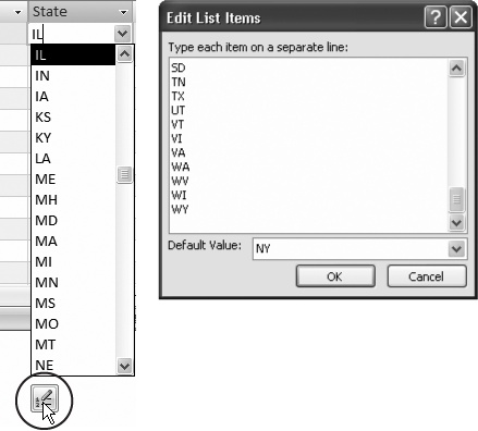 If you set Allow Value List Edits to Yes, an icon appears under the lookup list when you use it (left). Click this icon to open an Edit List Items dialog box (right) where you can edit the items in the lookup list and change the default value.