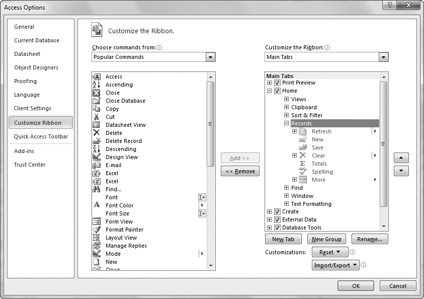 Customizing the ribbon is much like customizing the Quick Access toolbar. The most obvious difference is that thereâs a lot more information on the right side of the window, because this list includes all the ribbon tabs. To see the groups in each tab, and the commands in each group, click the tiny plus (+) icon next to the appropriate item. For example, here the Home tab is expanded to show all its groups, and the Records group is expanded to show the buttons it contains.