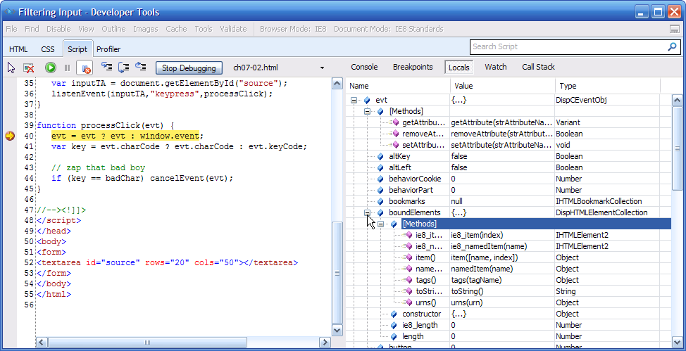 The Script Debugger Locals panel with additional properties displayed below their parent element or object
