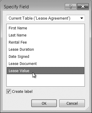 When you add a field to the layout, FileMaker asks which field you want by showing you the Specify Field dialog box. Another way to quickly create a field with the formatting you want already on it is to copy/paste an existing field and its label. Double-click the new field to show the Specify Field dialog box. Select the field you want, turn off the Create label option, and then change the field’s label.