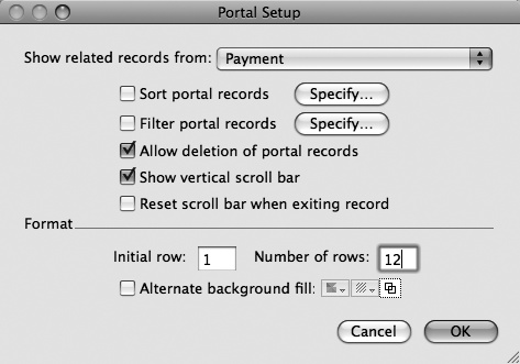 Control a portal’s options using the Portal Setup dialog box. This window appears when you first create a portal. Double-click a portal to view this window. That’s how you check or change the portal’s options. Of course, you can also use the Inspector to change a portal’s size or position and appearance. Use the “Initial row” box to display data from a related table across multiple portals. If you need to display data that’s not suitable for a list, like a large container field with a graphic (which should be tall so the graphic is visible), make several tall, single-row portals and place them side by side. Set the first portal to have an initial row of 1, the second portal to an initial row of 2, and so on. See the box on page 150 for more info.