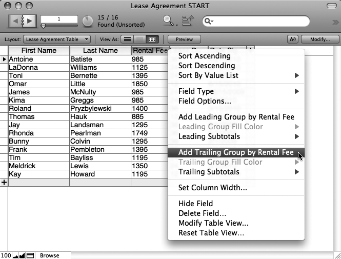 The contextual menu for fields in table view lets you create temporary Trailing Group reports, but it also lets you change the database’s schema (you can change the field’s type or options, delete the field or add new summary fields) or just sort the records you’re viewing. You can even change the way the Table view behaves by adding or deleting fields from the layout or changing a column’s width. Or if you’ve made a lot of changes you want to undo, you can restore the layout’s original appearance. In this case, the “Trailing Group by Rental Fee” field would disappear. But if you’ve created a summary field for the Trailing Group, the field isn’t deleted from the table.