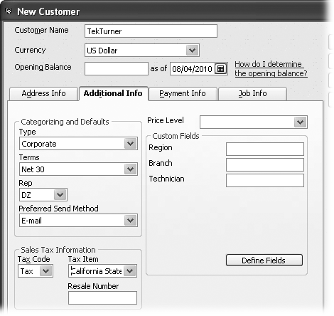 Most of the fields on the Additional Info tab use QuickBooksâ lists. To jump directly to the entry you want in long lists, in any text box with a drop-down list, type the first few characters of that entry. QuickBooks selects the first entry that matches the characters youâve typed and continues to reselect the best match as you continue typing. You can also scroll to the entry in the list and click to select it. If the entry you want doesnât exist, click <Add New> to create it.