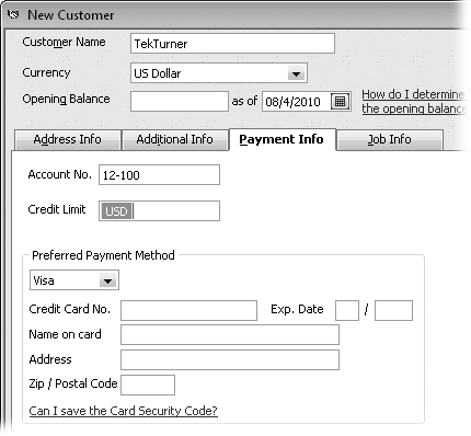 On the Payment Info tab, only the Preferred Payment Method field has a drop-down menu of commonly used values, which come from the Payment Method List (page 145). You have to type the values you want in all the other fields.