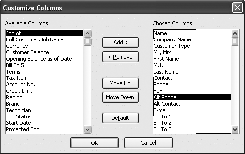In addition to adding and removing columns, you can change the position of a column by selecting it in the Chosen Columns list and then clicking Move Up or Move Down. If you completely mangle the columns, click Default to restore the preset columns.