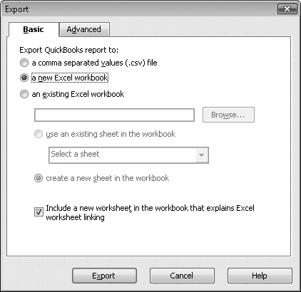 The Export dialog box that appears is already set up to create a new spreadsheet. Click the Export button and youâll be looking at the Customer List in Excel in mere seconds. If youâd rather give QuickBooks more guidance on creating the spreadsheet, click the Advanced tab and then adjust options like Autofit (which sets the column width so you can see all your data) before clicking Export.