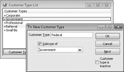 To define a customer type as a subtype of another, turn on the âSubtype ofâ checkbox as shown here. Then, in the drop-down list, choose the top-level customer type. For example, if you sell to different levels of government, the top-level customer type could be Government and contain subtypes Federal, State, County, and Local.