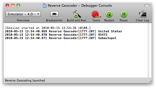 Reverse-geocoding console output