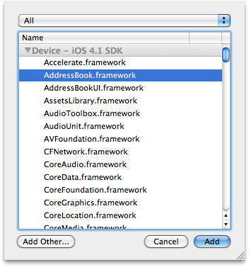 Adding AddressBook.framework to our target application in Xcode