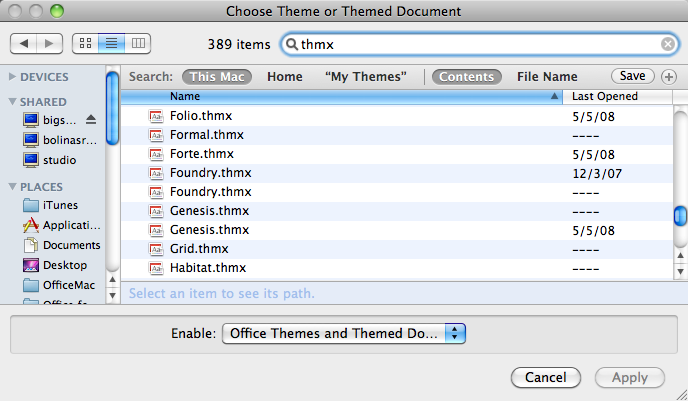After you type thmx in the search box, you can choose to search your entire computer (This Mac), your user folder (Home) or in your themes folder (My Themes).