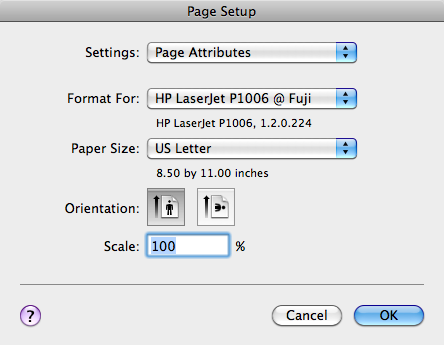 The Page Setup box provides the same options as the ribbon, it’s just not as flashy. Use the menu at the top to toggle between Page Attributes and the Microsoft Word panels.