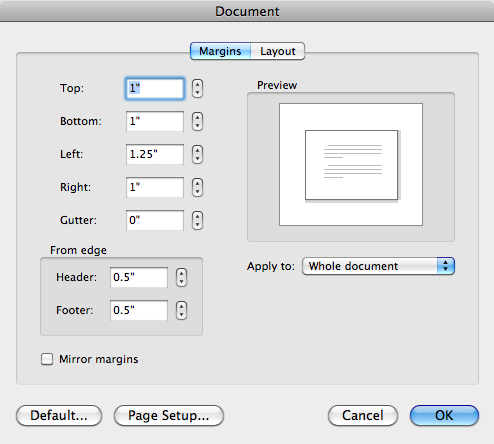 Enter your custom margins in the boxes labeled, top, bottom, left and right. If you’re binding your document, click the Mirror margins box and you can set different inside and outside margins. Margins can be applied to an entire document or, if you divide your document into sections, you can use different margins in each section.