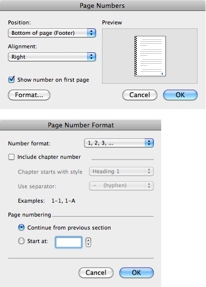 Top: Use the Page Numbers box (View→Page Numbers) to position the numbers on the page. If you want to change the format for the number, click the Format button to open the box shown at the bottom.