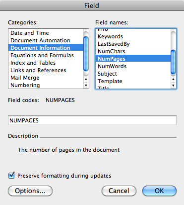 Go to Insert→Field to display this box that’s chock-full of different fields. Fields are placeholder codes that Word uses to represent changing information. For example, a page number is a field that tracks the number of pages up to that point in your document. There’s also a field that keeps track of the total number of pages in your document.