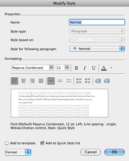 You use the Modify Style box to make changes to an existing style. Changes you make to the Style definition will be applied to all the paragraphs in your document that use the style.